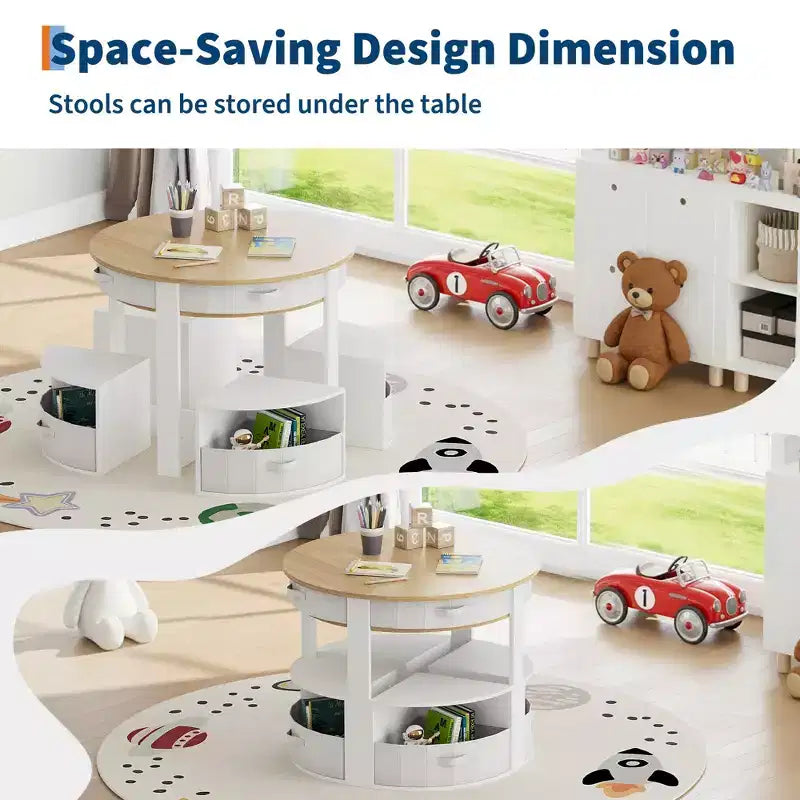 Ensemble table et chaises gigognes en bois 5 pièces pour enfants avec table d'activités ronde, 4 tabourets et tiroirs en tissu pour le jeu, les arts, les travaux manuels, la lecture