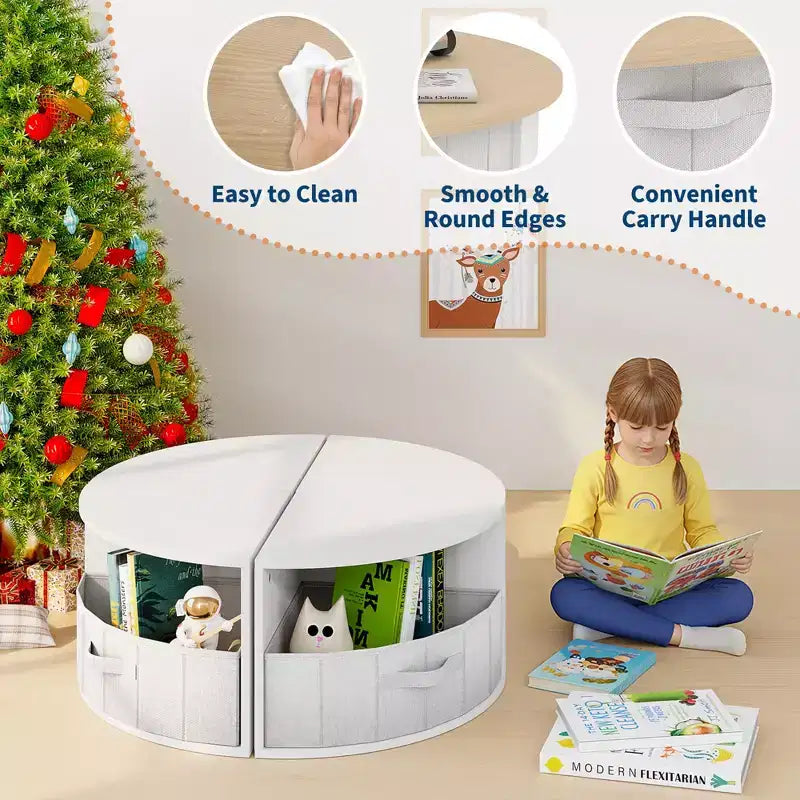 Ensemble table et chaises gigognes en bois 5 pièces pour enfants avec table d'activités ronde, 4 tabourets et tiroirs en tissu pour le jeu, les arts, les travaux manuels, la lecture