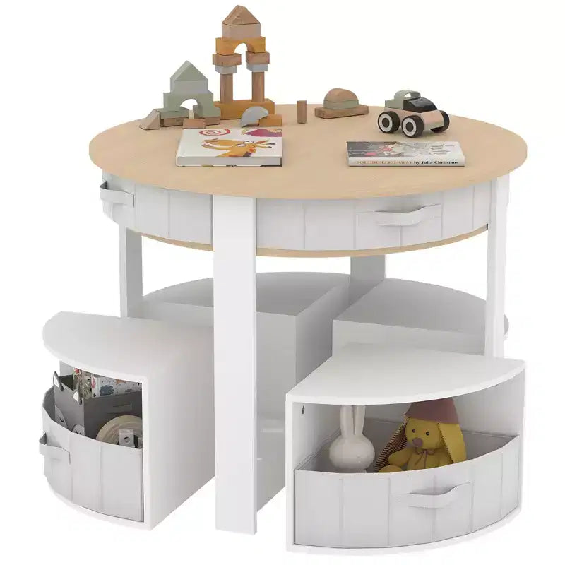 Ensemble table et chaises gigognes en bois 5 pièces pour enfants avec table d'activités ronde, 4 tabourets et tiroirs en tissu pour le jeu, les arts, les travaux manuels, la lecture