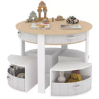 Ensemble table et chaises gigognes en bois 5 pièces pour enfants avec table d'activités ronde, 4 tabourets et tiroirs en tissu pour le jeu, les arts, les travaux manuels, la lecture