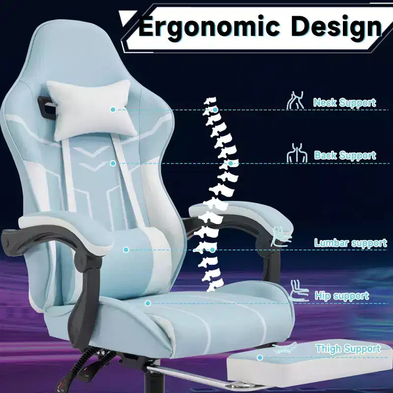 Chaise de jeu MAYEERTY, Chaise d'ordinateur, Chaise ergonomique avec repose-pieds et soutien lombaire pour salon Bleu