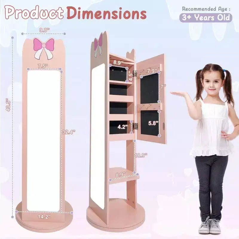 Meuble à bijoux Karl Home Bow Kids en MDF rose avec base rotative, 1 porte et 1 étagère