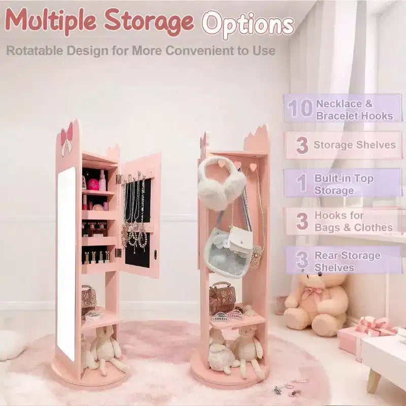 Meuble à bijoux Karl Home Bow Kids en MDF rose avec base rotative, 1 porte et 1 étagère