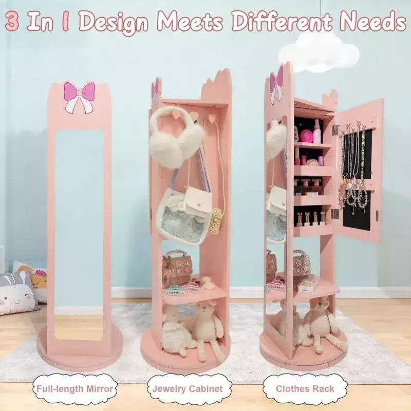 Meuble à bijoux Karl Home Bow Kids en MDF rose avec base rotative, 1 porte et 1 étagère