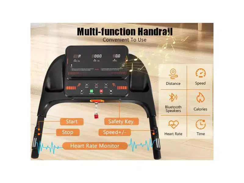 Tapis de course pliable silencieux Okak 2,5 CV avec capteur de fréquence cardiaque, tapis de marche avec 6 amortisseurs, tapis de course compact avec haut-parleur Bluetooth, noir