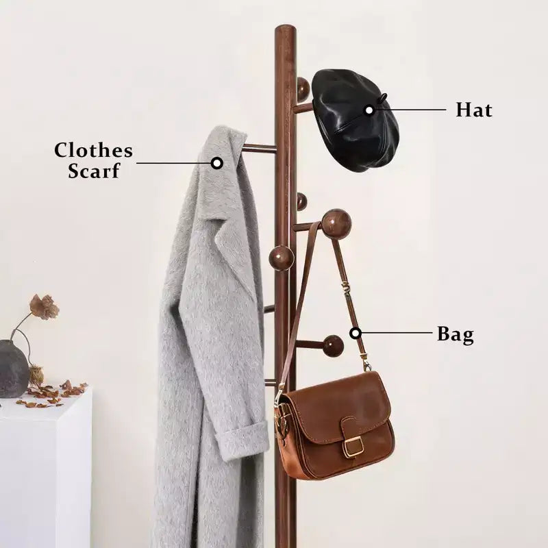 Porte-manteau sur pied Bekrvio en bois avec 9 crochets, base ronde stable, porte-manteau d'entrée robuste – 183,9 cm (H) x 39,1 cm (L)