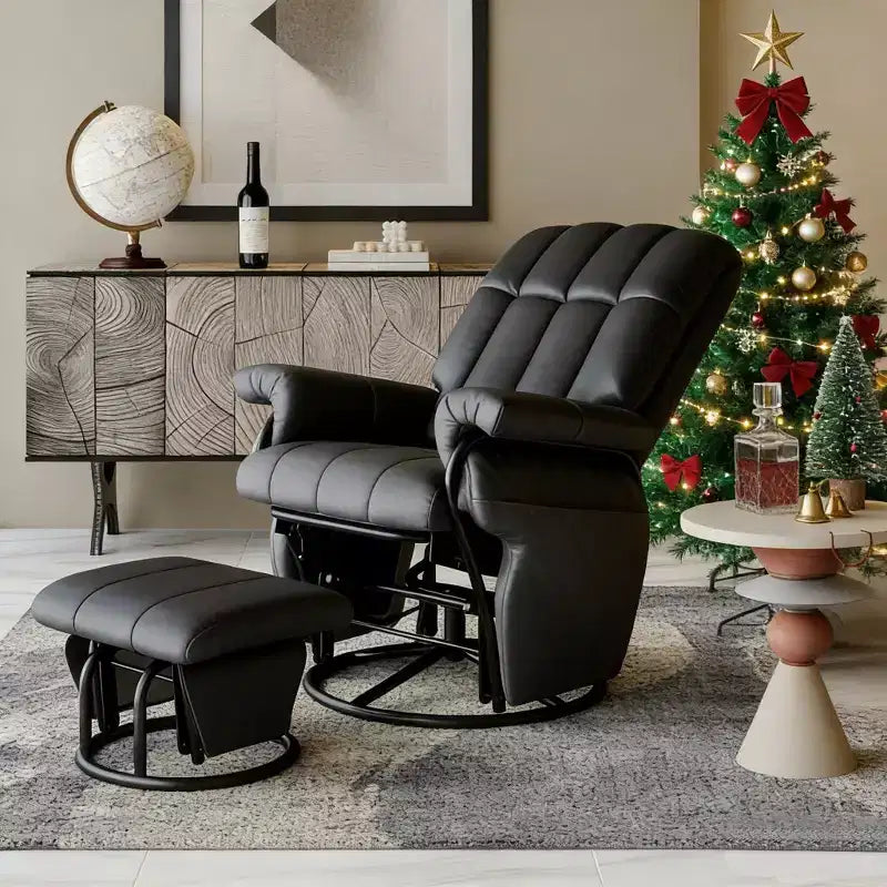 TYBOATLE Swivel Rocking Glider Chair with Matching Ottoman, Ergonomic Faux Leather Nursing Chair for Living Room