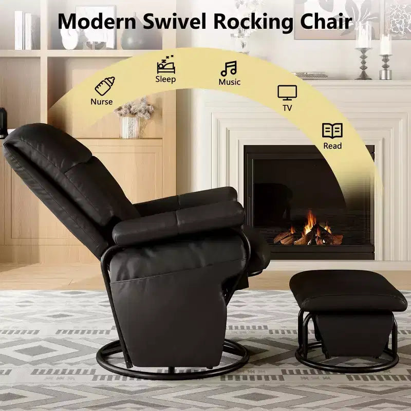 Fauteuil inclinable, pivotant et basculant TYBOATLE avec pouf assorti, fauteuil d'allaitement ergonomique en similicuir pour salon