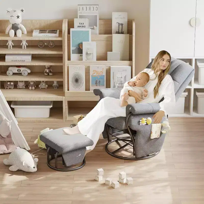 Fauteuil inclinable, pivotant et basculant TYBOATLE avec pouf assorti, fauteuil d'allaitement ergonomique en similicuir pour salon