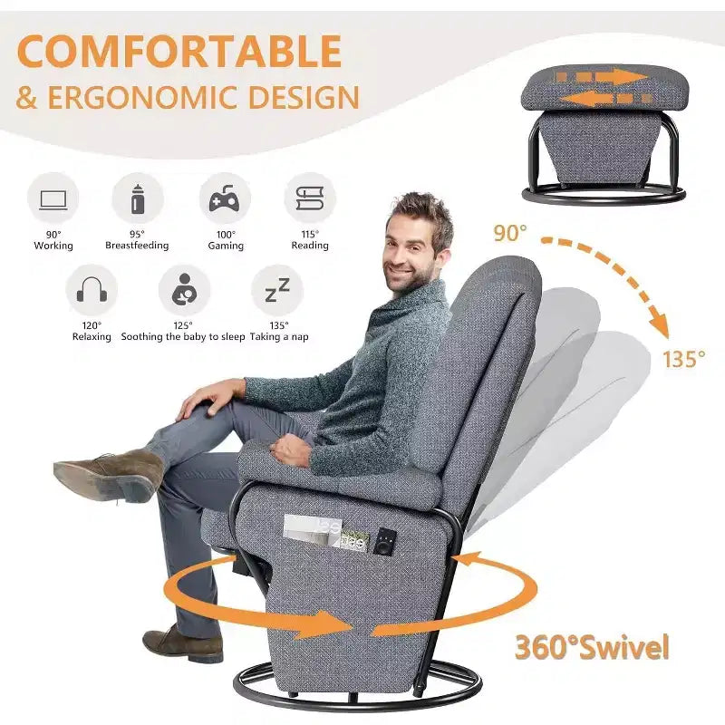 Fauteuil inclinable, pivotant et basculant TYBOATLE avec pouf assorti, fauteuil d'allaitement ergonomique en similicuir pour salon