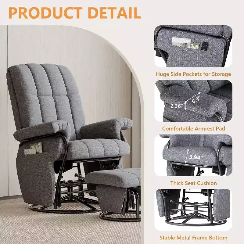 Fauteuil inclinable, pivotant et basculant TYBOATLE avec pouf assorti, fauteuil d'allaitement ergonomique en similicuir pour salon