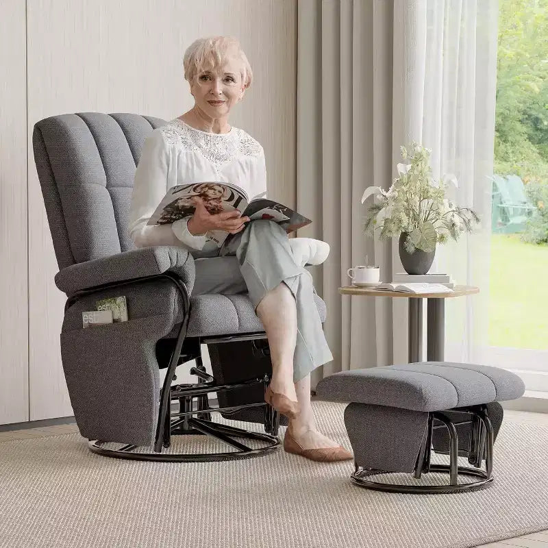 Fauteuil inclinable, pivotant et basculant TYBOATLE avec pouf assorti, fauteuil d'allaitement ergonomique en similicuir pour salon