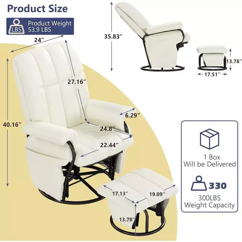 Fauteuil inclinable, pivotant et basculant TYBOATLE avec pouf assorti, fauteuil d'allaitement ergonomique en similicuir pour salon