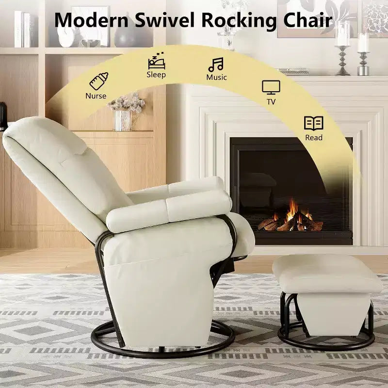 Fauteuil inclinable, pivotant et basculant TYBOATLE avec pouf assorti, fauteuil d'allaitement ergonomique en similicuir pour salon