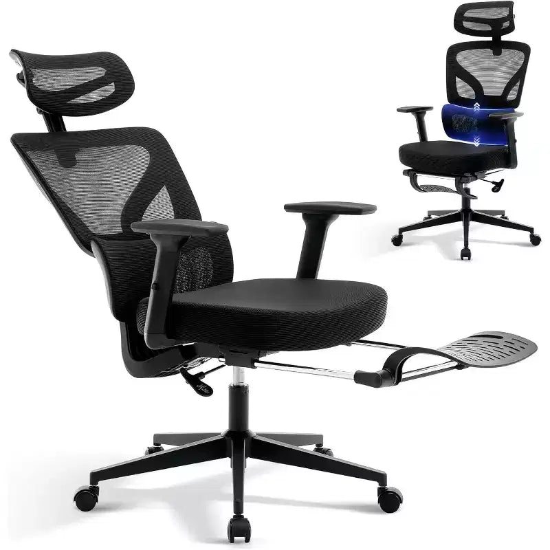 Chaise de bureau ergonomique en maille avec dossier haut, soutien lombaire et appui-tête réglables, accoudoirs 3D, pivotante à 360°, confortable pour ordinateur