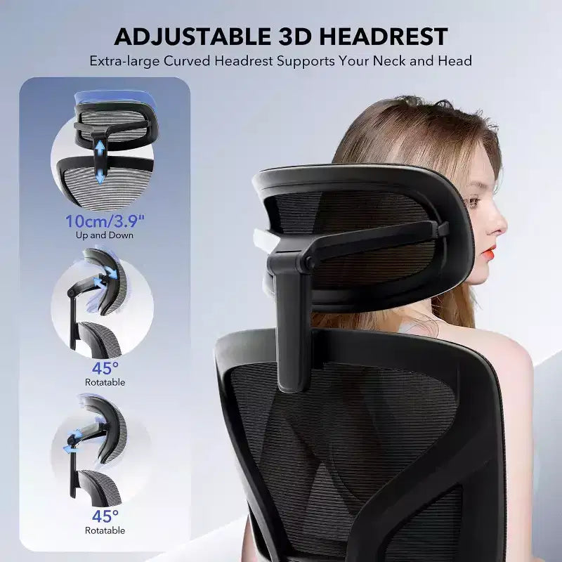 Chaise de bureau ergonomique en maille avec dossier haut, soutien lombaire et appui-tête réglables, accoudoirs 3D, pivotante à 360°, confortable pour ordinateur