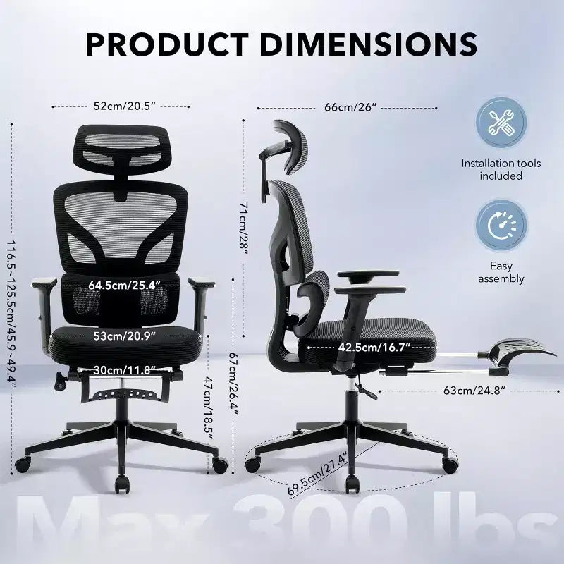 Chaise de bureau ergonomique en maille avec dossier haut, soutien lombaire et appui-tête réglables, accoudoirs 3D, pivotante à 360°, confortable pour ordinateur