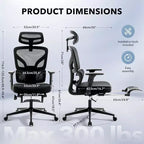 Chaise de bureau ergonomique en maille avec dossier haut, soutien lombaire et appui-tête réglables, accoudoirs 3D, pivotante à 360°, confortable pour ordinateur
