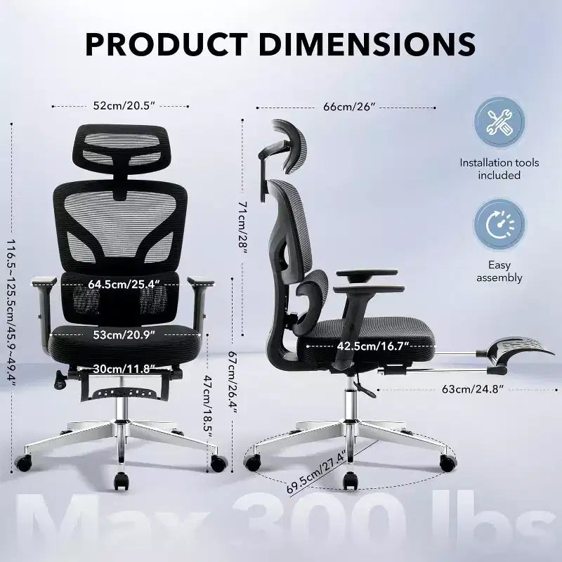 Chaise de bureau ergonomique en maille avec dossier haut, soutien lombaire et appui-tête réglables, accoudoirs 3D, pivotante à 360°, confortable pour ordinateur