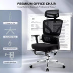 Chaise de bureau ergonomique en maille avec dossier haut, soutien lombaire et appui-tête réglables, accoudoirs 3D, pivotante à 360°, confortable pour ordinateur