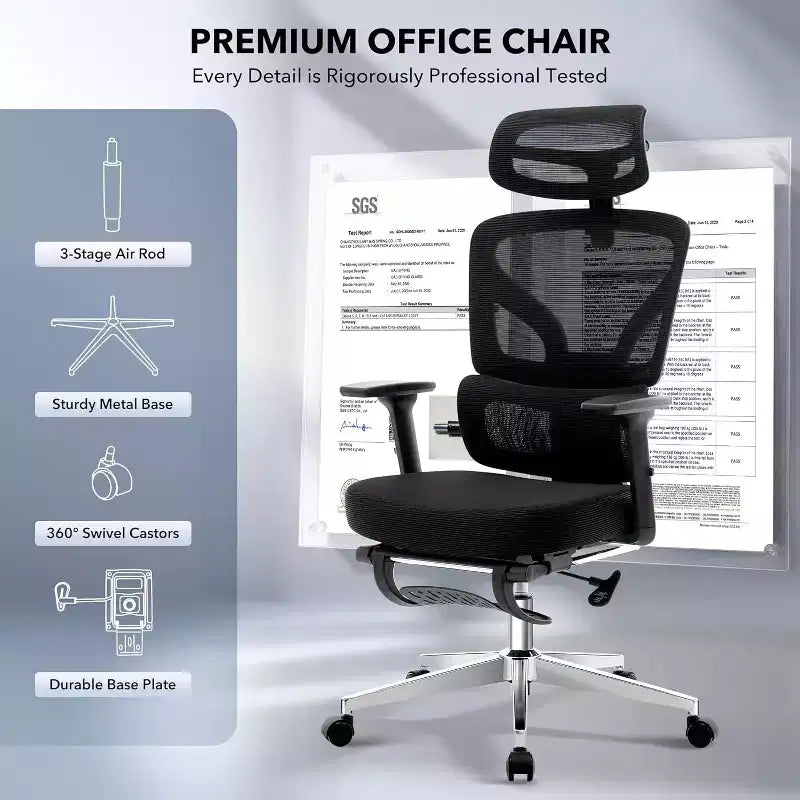 Chaise de bureau ergonomique en maille avec dossier haut, soutien lombaire et appui-tête réglables, accoudoirs 3D, pivotante à 360°, confortable pour ordinateur