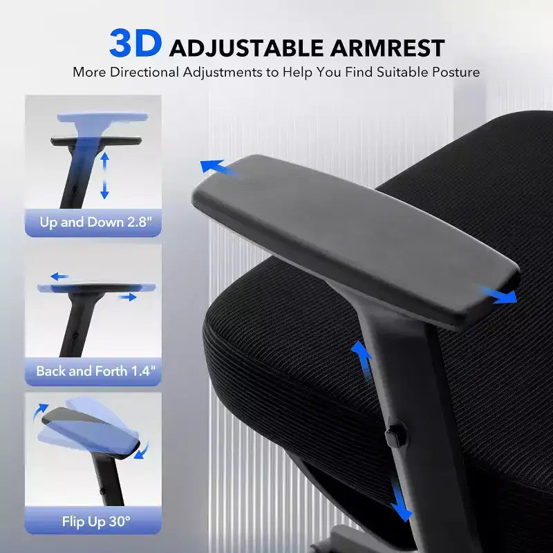Chaise de bureau ergonomique en maille avec dossier haut, soutien lombaire et appui-tête réglables, accoudoirs 3D, pivotante à 360°, confortable pour ordinateur