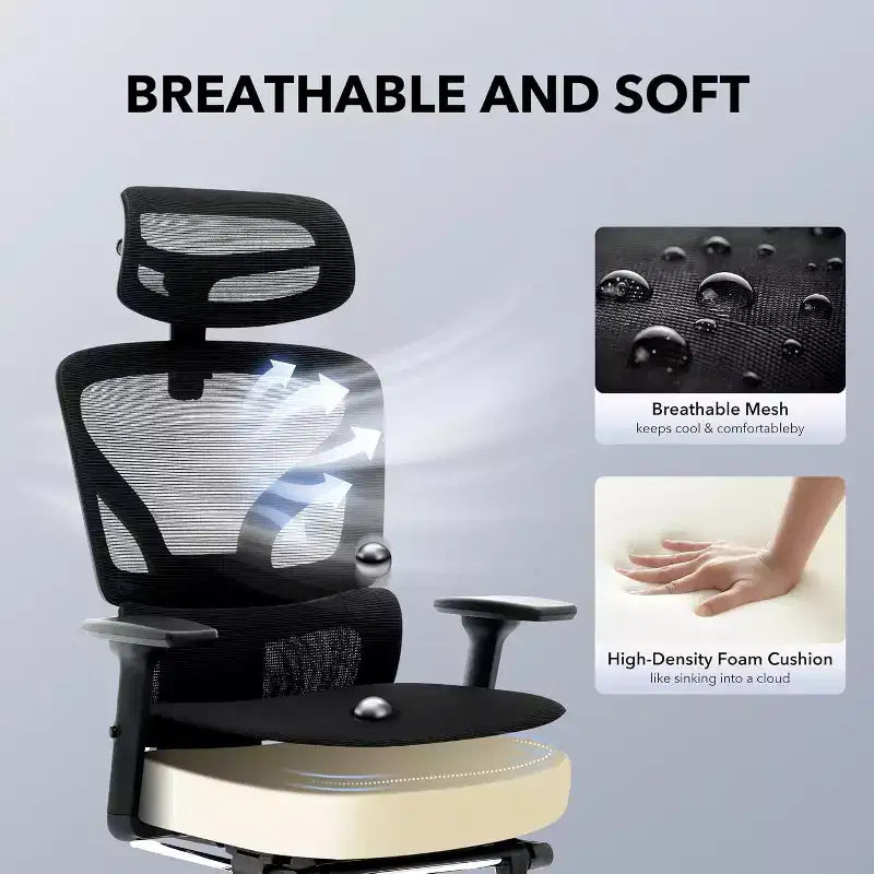 Chaise de bureau ergonomique en maille avec dossier haut, soutien lombaire et appui-tête réglables, accoudoirs 3D, pivotante à 360°, confortable pour ordinateur