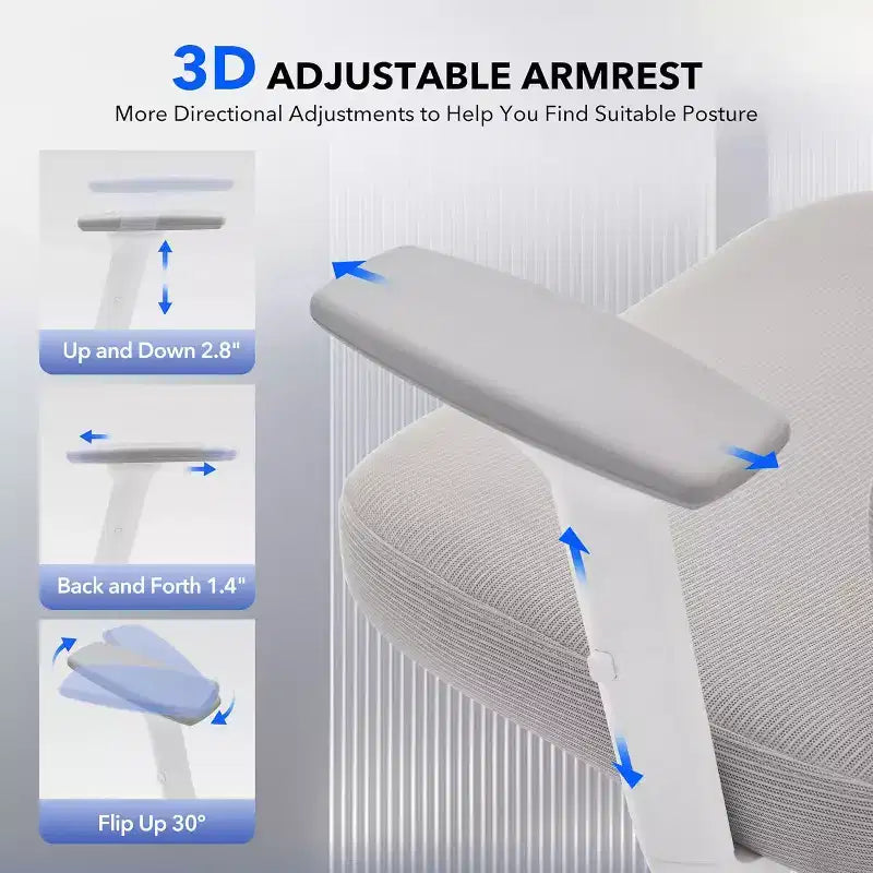 Chaise de bureau ergonomique en maille avec dossier haut, soutien lombaire et appui-tête réglables, accoudoirs 3D, pivotante à 360°, confortable pour ordinateur