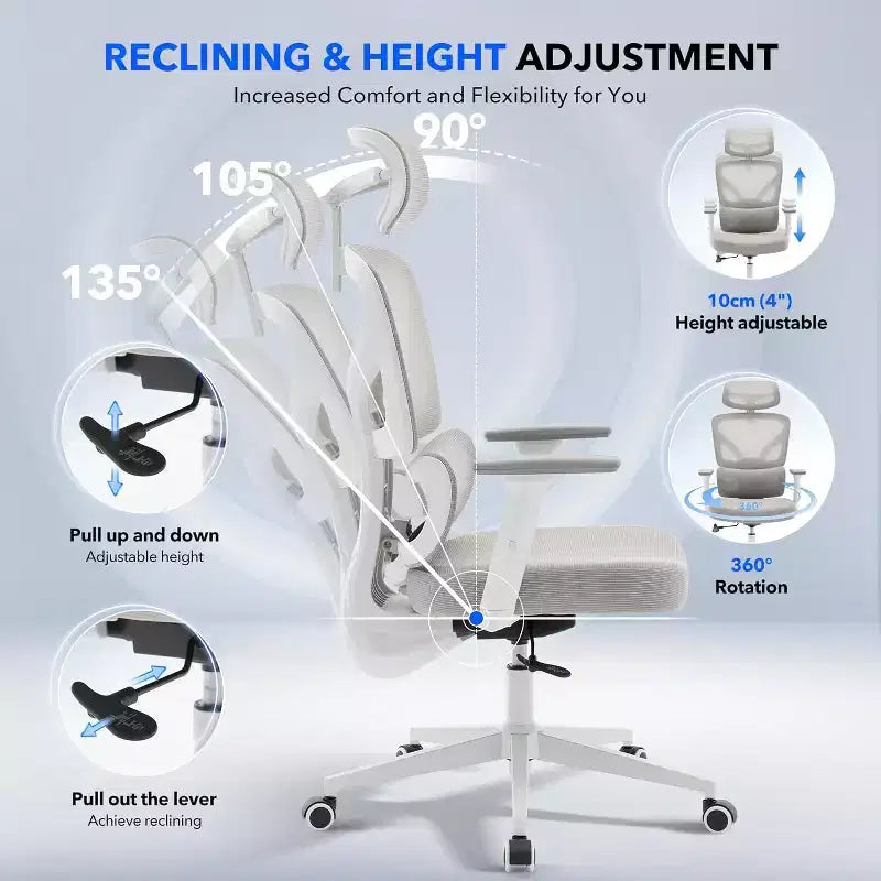 Chaise de bureau ergonomique en maille avec dossier haut, soutien lombaire et appui-tête réglables, accoudoirs 3D, pivotante à 360°, confortable pour ordinateur
