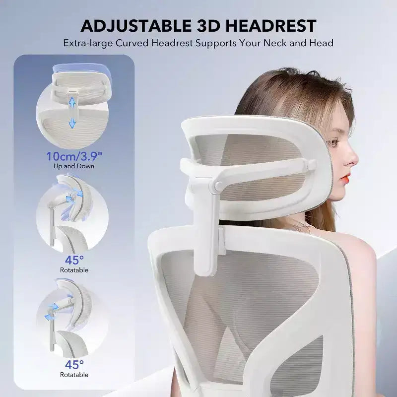 Chaise de bureau ergonomique en maille avec dossier haut, soutien lombaire et appui-tête réglables, accoudoirs 3D, pivotante à 360°, confortable pour ordinateur