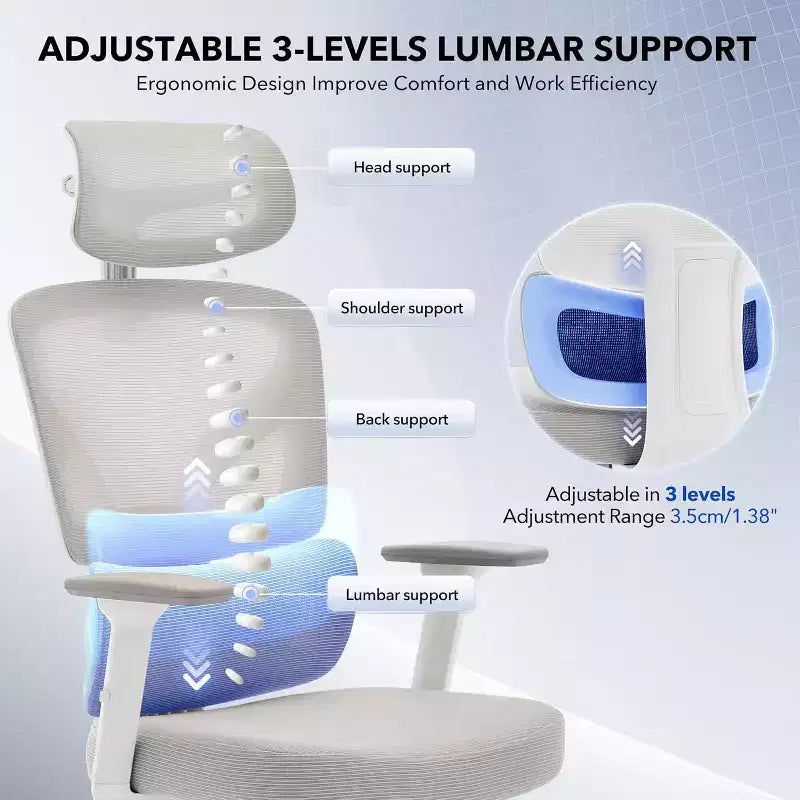 Chaise de bureau ergonomique en maille avec dossier haut, soutien lombaire et appui-tête réglables, accoudoirs 3D, pivotante à 360°, confortable pour ordinateur