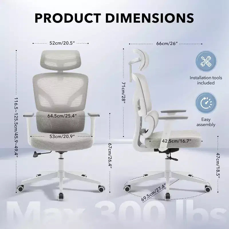 Chaise de bureau ergonomique en maille avec dossier haut, soutien lombaire et appui-tête réglables, accoudoirs 3D, pivotante à 360°, confortable pour ordinateur