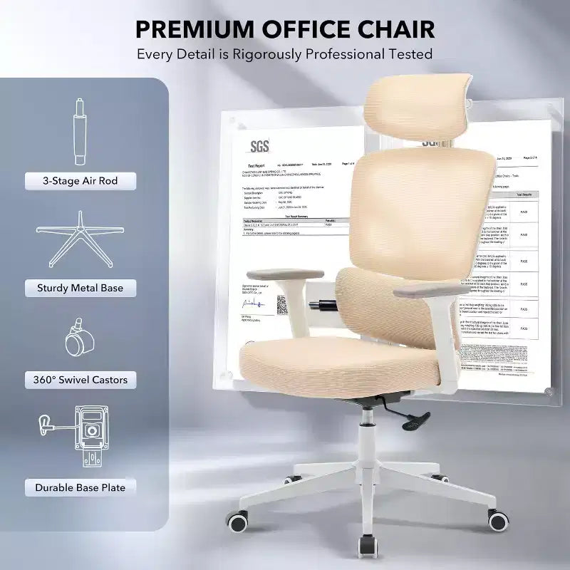 Chaise de bureau ergonomique en maille avec dossier haut, soutien lombaire et appui-tête réglables, accoudoirs 3D, pivotante à 360°, confortable pour ordinateur