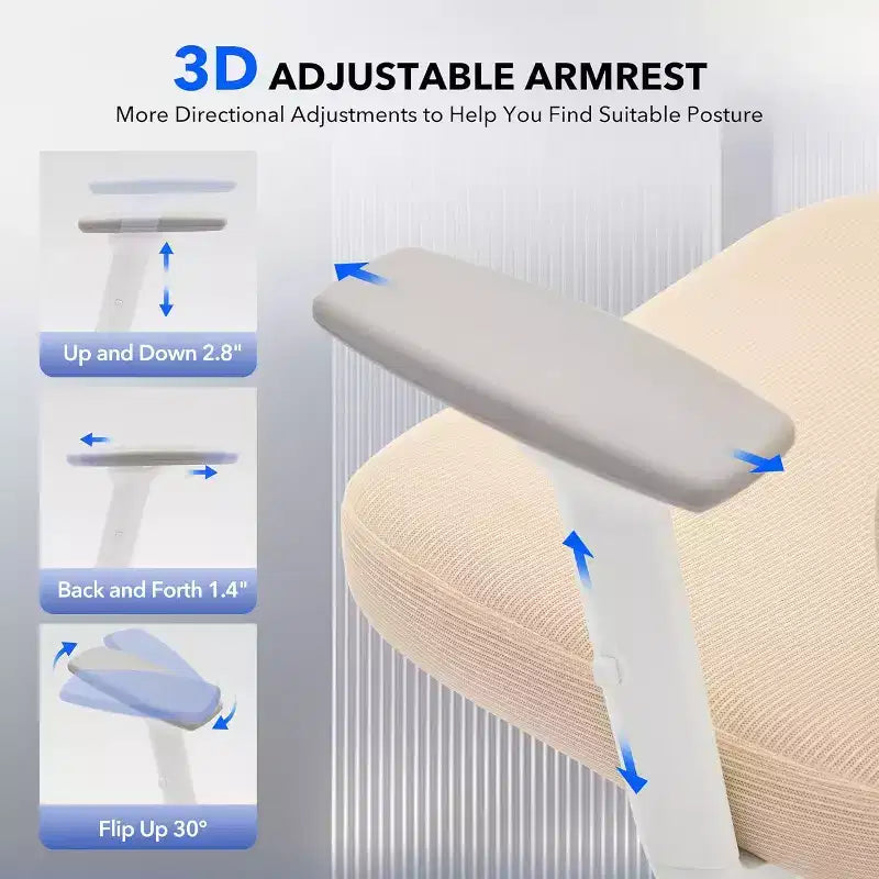 Chaise de bureau ergonomique en maille avec dossier haut, soutien lombaire et appui-tête réglables, accoudoirs 3D, pivotante à 360°, confortable pour ordinateur