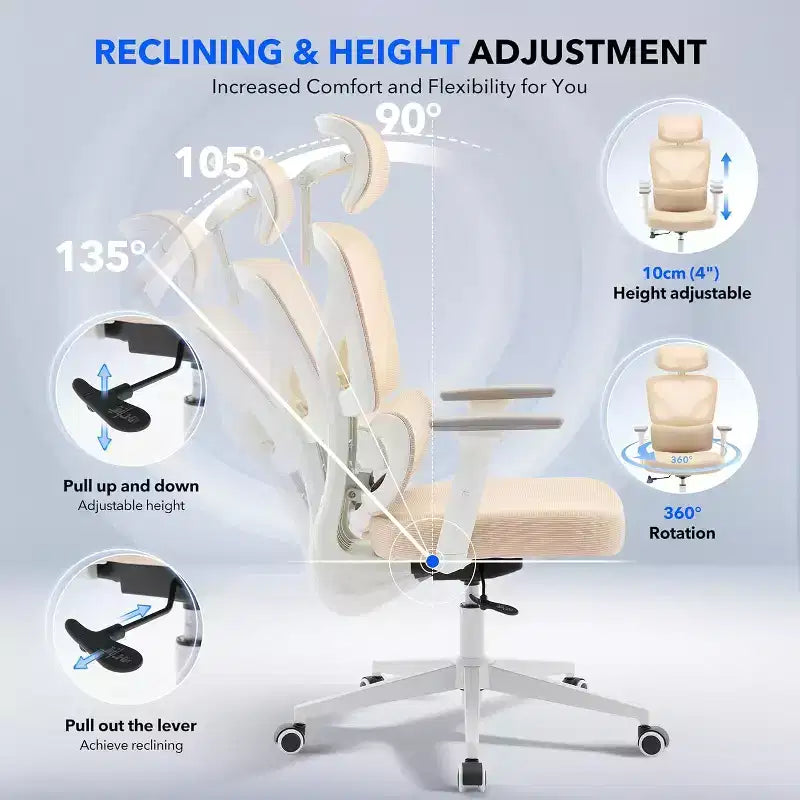Chaise de bureau ergonomique en maille avec dossier haut, soutien lombaire et appui-tête réglables, accoudoirs 3D, pivotante à 360°, confortable pour ordinateur