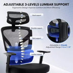 Chaise de bureau ergonomique en maille avec dossier haut, soutien lombaire et appui-tête réglables, accoudoirs 3D, pivotante à 360°, confortable pour ordinateur