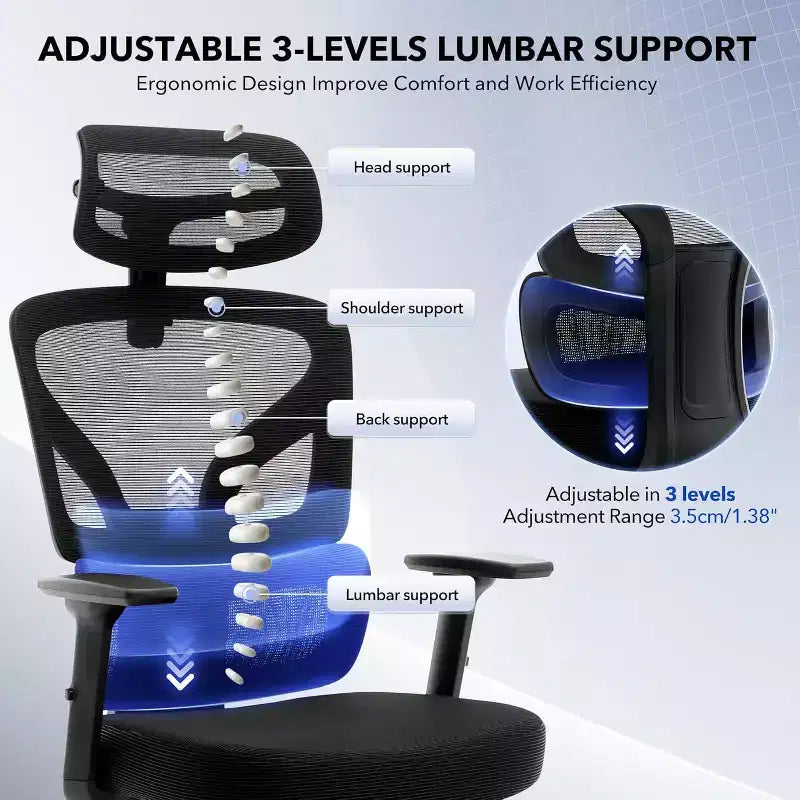 Chaise de bureau ergonomique en maille avec dossier haut, soutien lombaire et appui-tête réglables, accoudoirs 3D, pivotante à 360°, confortable pour ordinateur