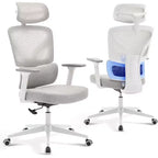 Chaise de bureau ergonomique en maille avec dossier haut, soutien lombaire et appui-tête réglables, accoudoirs 3D, pivotante à 360°, confortable pour ordinateur