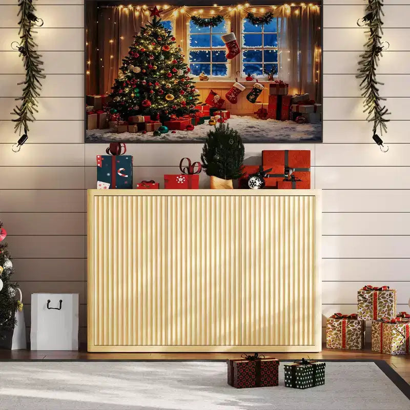 46,7 Buffet bahut de rangement, crédence moderne cannelée avec étagères réglables et 3 portes, table console en bois pour bar à café