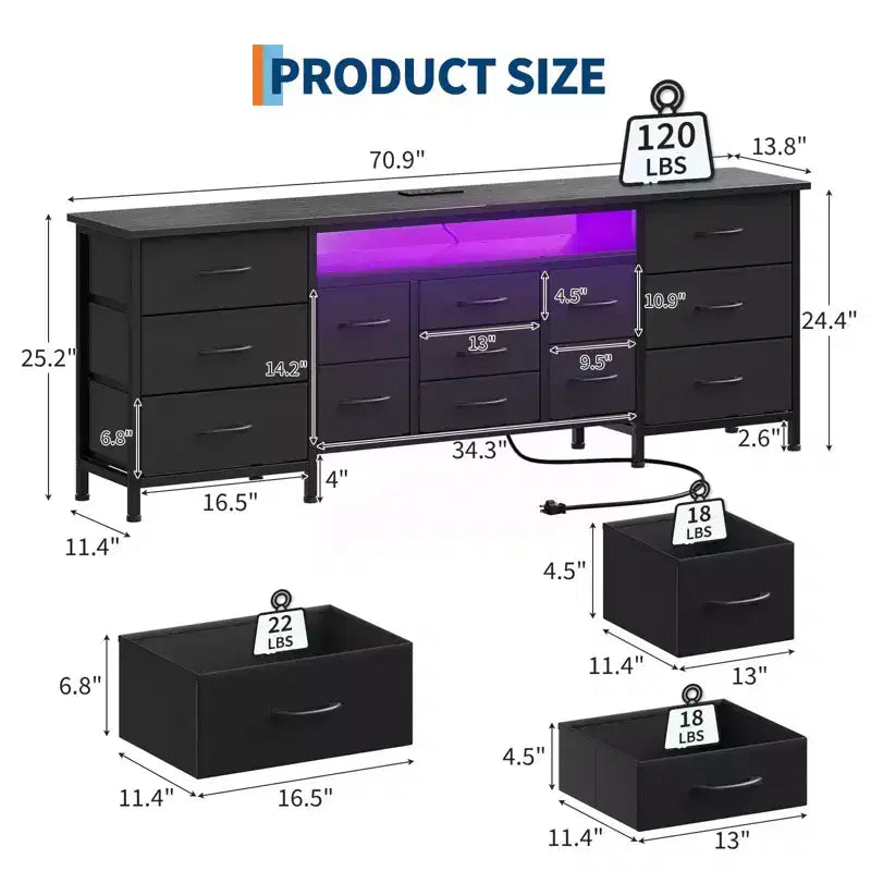 70 Inch TV Stand with 13 Drawers and LED Light for Bedroom & Living Room
