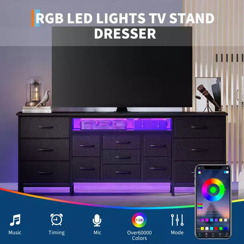 70 Inch TV Stand with 13 Drawers and LED Light for Bedroom & Living Room