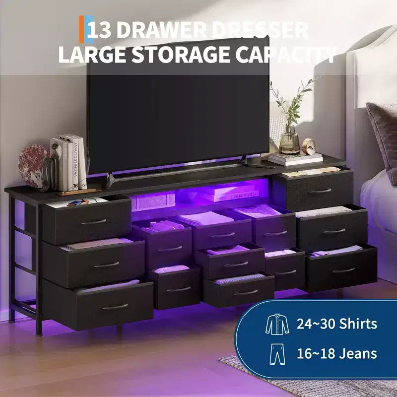 70 Inch TV Stand with 13 Drawers and LED Light for Bedroom & Living Room