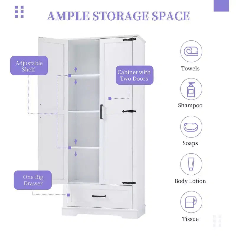 GDFStudio Chloe Modern Wood Freestanding Tall Bathroom Storage Cabinet with Double Doors and Drawer