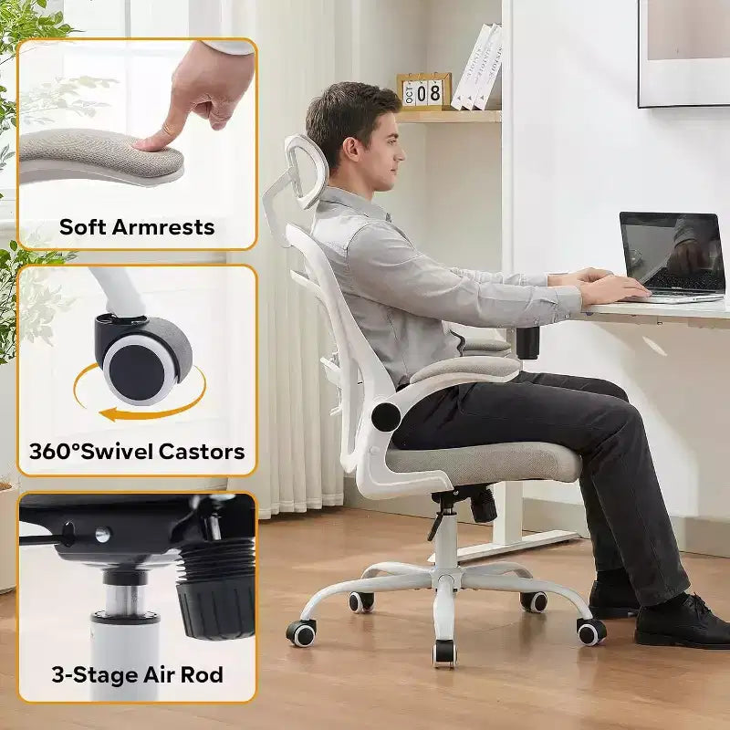 Ergonomic Office Chair, Computer Desk Chair Comfy with Flip-Up Armrests,Comfortable Lumbar Support Gaming Chairs for Bedroom,Study,Student,Wide Seat