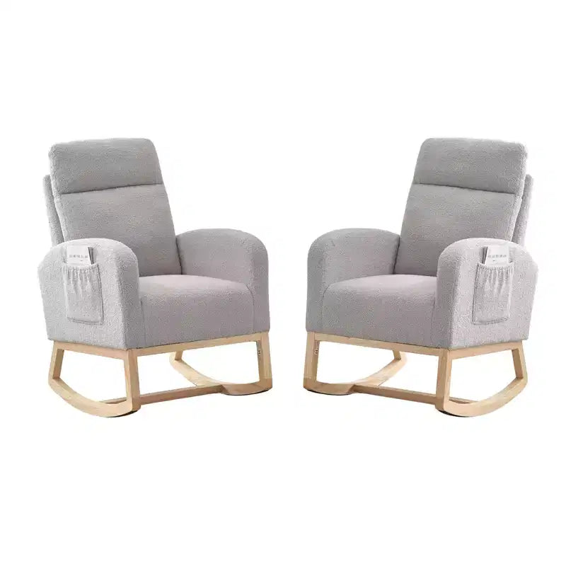 2 Pack Nursery Rocking Chair, Solid Wood Legs Glider Chair with Side Pocket, Comfortable Armchair for Living Room & Bedroom (Gray, Teddy)