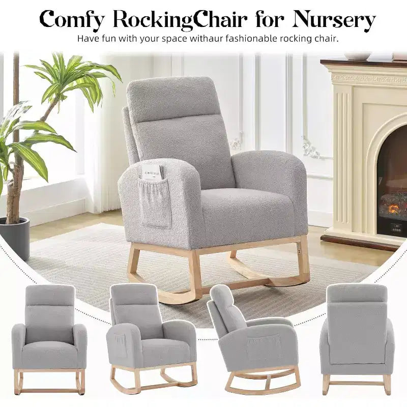 2 Pack Nursery Rocking Chair, Solid Wood Legs Glider Chair with Side Pocket, Comfortable Armchair for Living Room & Bedroom (Gray, Teddy)