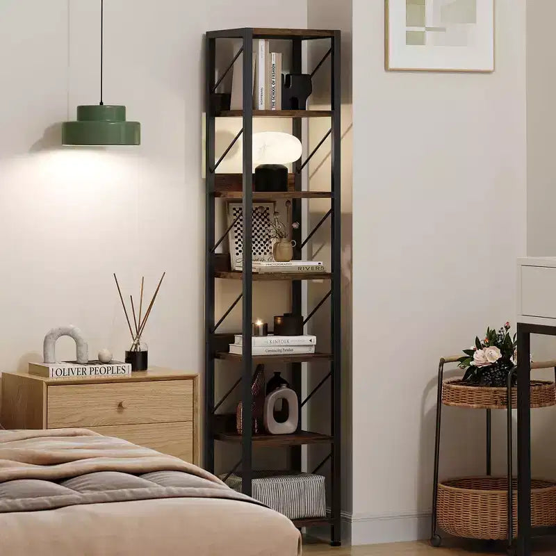 COZONY Narrow 6 Tier Bookshelf, Tall Skinny Bookcase Rustic Metal Frame Display Stand for Corner Bedroom Office