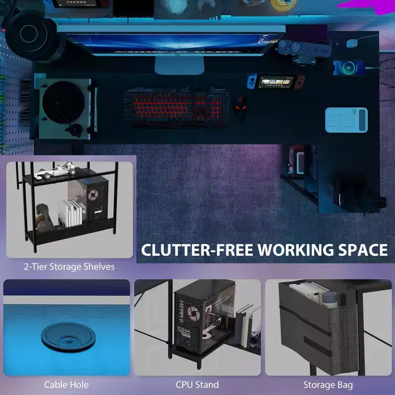 L Shaped Computer Desk with Charging Station and RGB Lights Reversible Corner Desk
