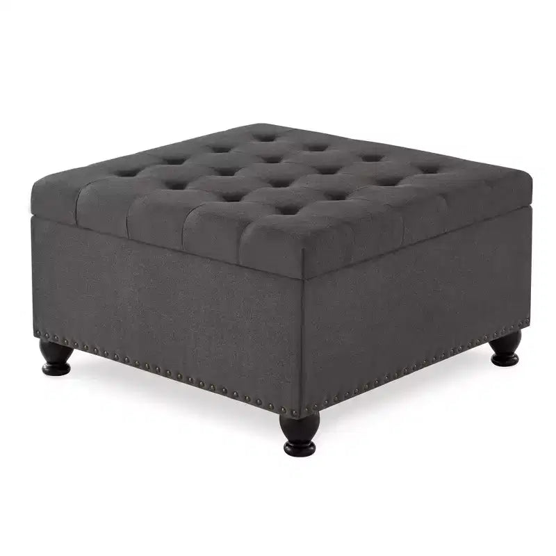 TUYOHW 30 Square Storage Ottoman with Button Tufted & Nail Trims Upholstered Foot Stool with Wooden Legs for Living Room, Bedroom, Entryway