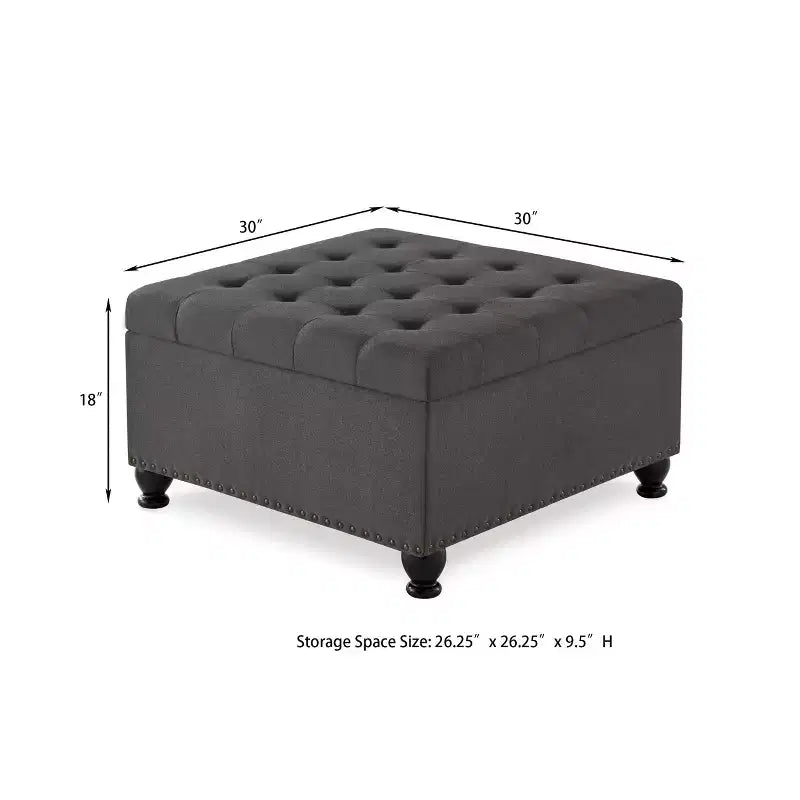 TUYOHW 30 Square Storage Ottoman with Button Tufted & Nail Trims Upholstered Foot Stool with Wooden Legs for Living Room, Bedroom, Entryway
